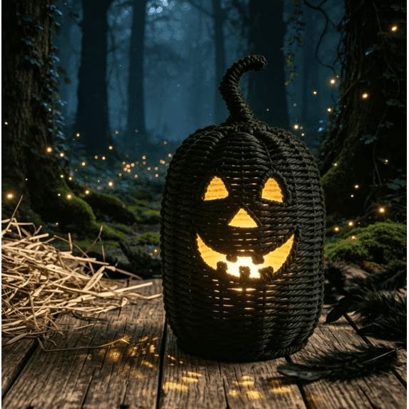 Dewshine 2026 Black Halloween Woven Pumpkin Jack-O'-Lantern, Halloween Decorations Pumpkin, USE LED Candle, Rattan Fall Halloween Decor for Home, 1Pack 11.6 Inch A