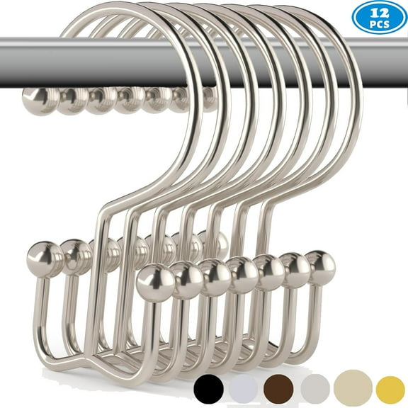 Shower Curtain Hooks Rings, Rust-Resistant Metal Glide Shower Hook, 12pk Double Hook for Bathroom Shower Rods Curtains, Polished Nickel Finish