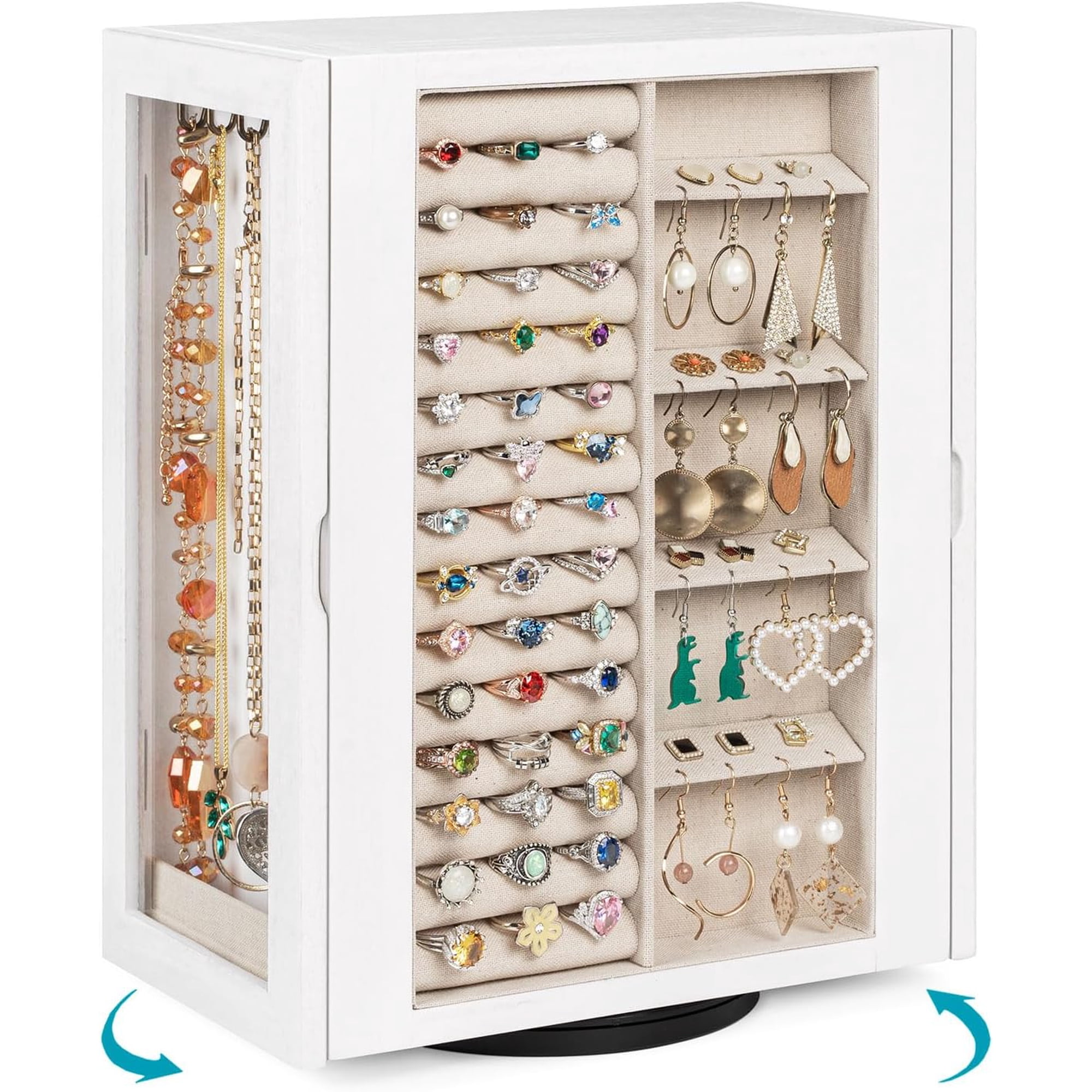360° Rotating Jewelry Box for Women, Wooden Large Jewelry Organizer with 5 Drawers, Vertical Open Design Jewelry Organizers and Storage for Earring Ring Necklace Bracelet