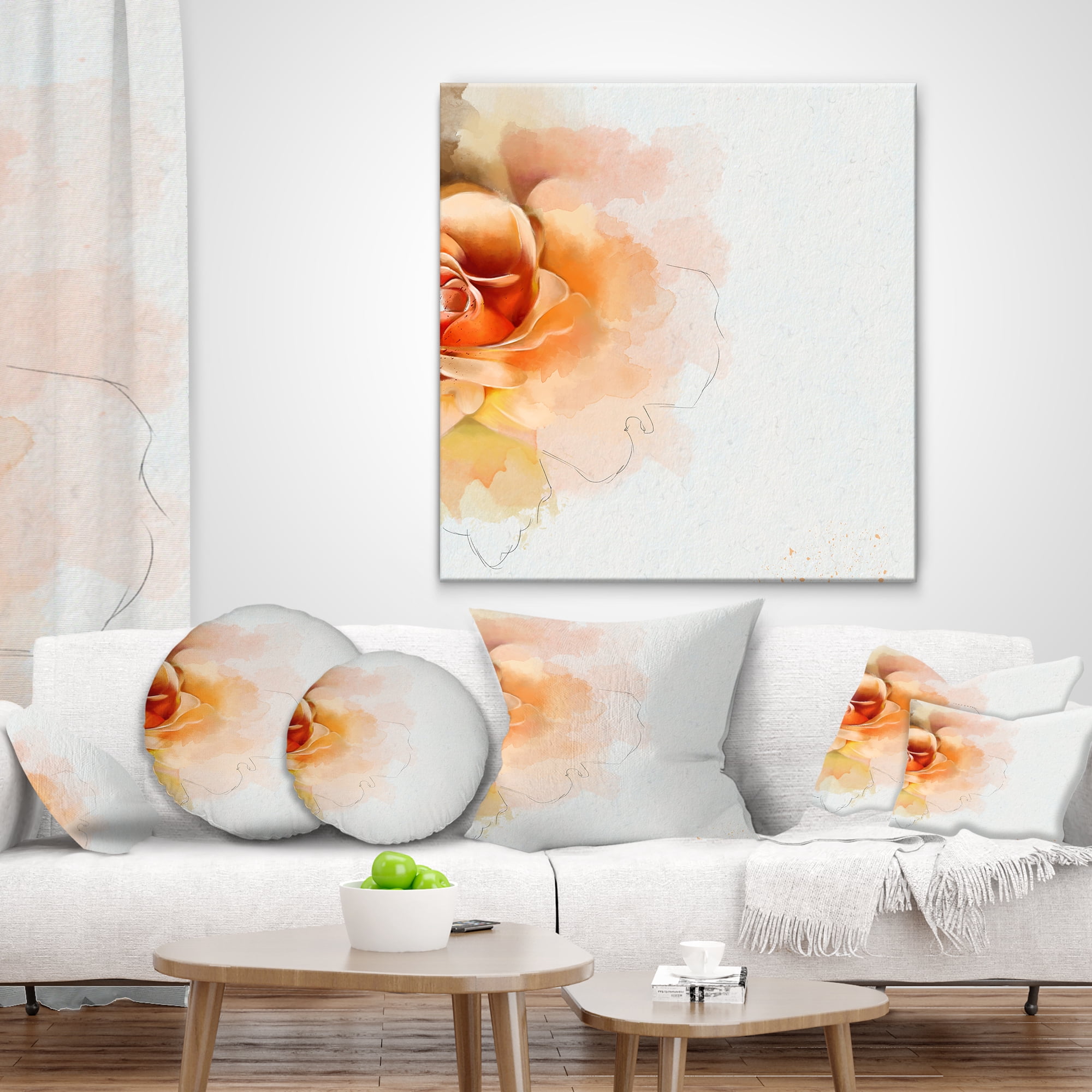 Designart Orange Rose Flower Watercolor - Flower Throw Pillow - 12x20