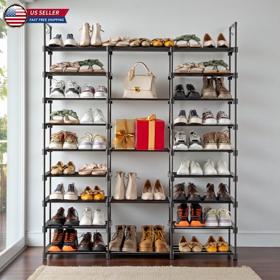 Hassch 9-Tier Metal Shoe Rack - Holds 50-55 Pairs, 50" Wide Storage Organizer Shelf with 2 Hooks, Space Saving for Entryway, Closet, Garage (Black)