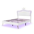 thumbnail image 6 of Queen Size Upholstered Bed Frame with LED Lights,Modern Upholstered Princess Bed With Crown Headboard,White 63AAK, 6 of 9