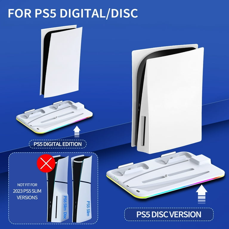 PS5 Slim Stand With Cooling Fan & Charging Station - RGB LED Controller Dock White