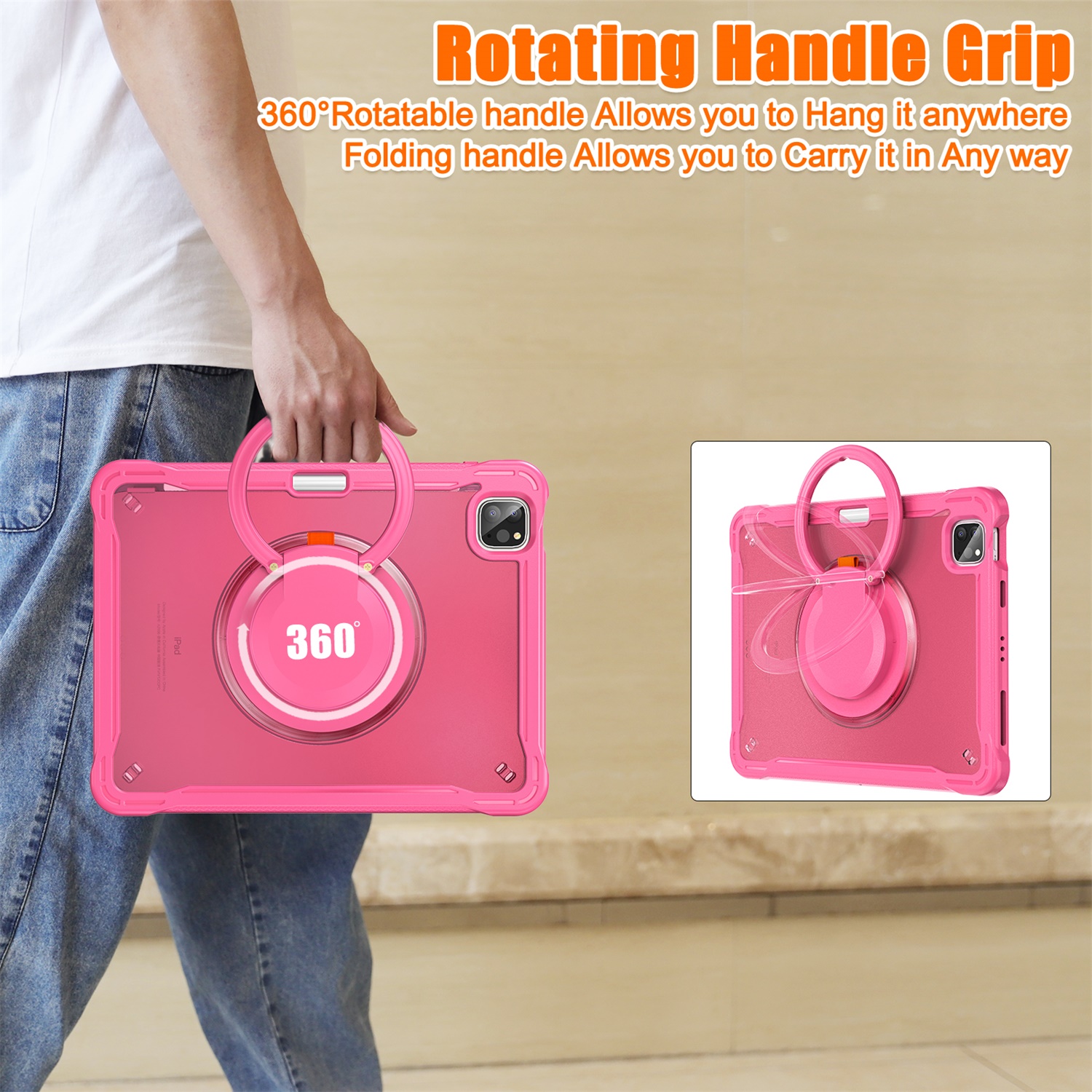 SaniMore Case for Apple iPad Air 11 (2024), with Shoulder Strap Pencil Slot Hybird PC TPU Back Cover 360° Ratating Handle Bracket Shockproof Anti-fall Rugged Kids Shell, Rose