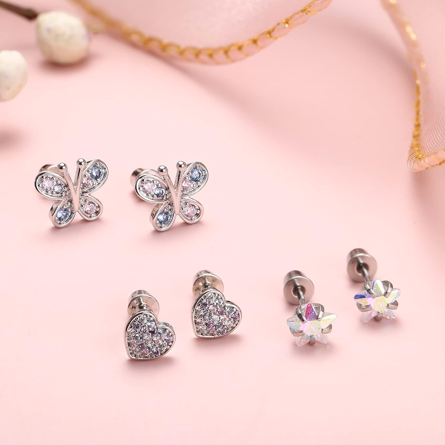 Screw Back Hypoallergenic Earrings for Women Cute Pink Colorful Surgical Steel Screwback Stud Earrings Set Fit Mom Dauther age：over 3 years old COLORFUL COLORFUL COLORFUL COLORFUL