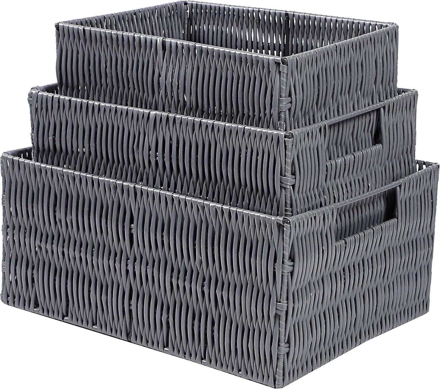 Elevon Rectangle Wicker Storage Baskets for Storage Racks, Shelves, Organizing, Handmade Wicker Storage Baskets Organizer, Waterproof Woven Storage for Toilet Shelf, Laundry Room, Gray, 3-Pack