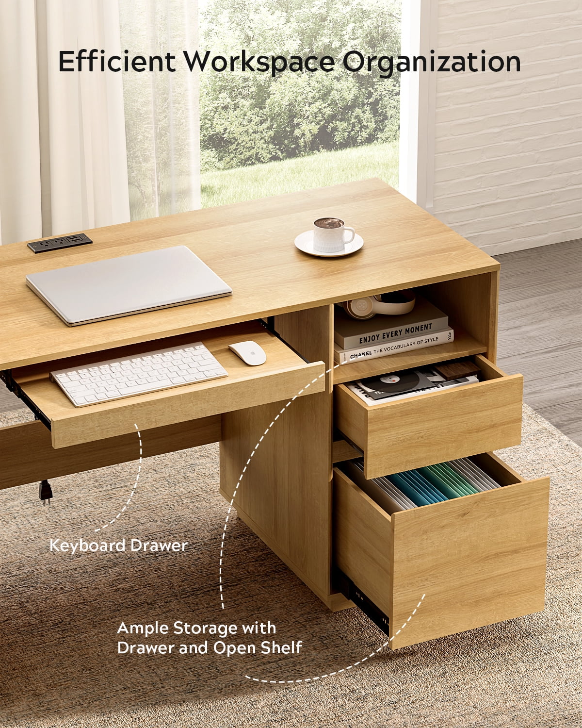 EYYTHUNG 47" Office Desk, Farmhouse Executive Desk with File Drawer & Outlet, Wood Computer Desks with Keyboard Tray, Natural Oak