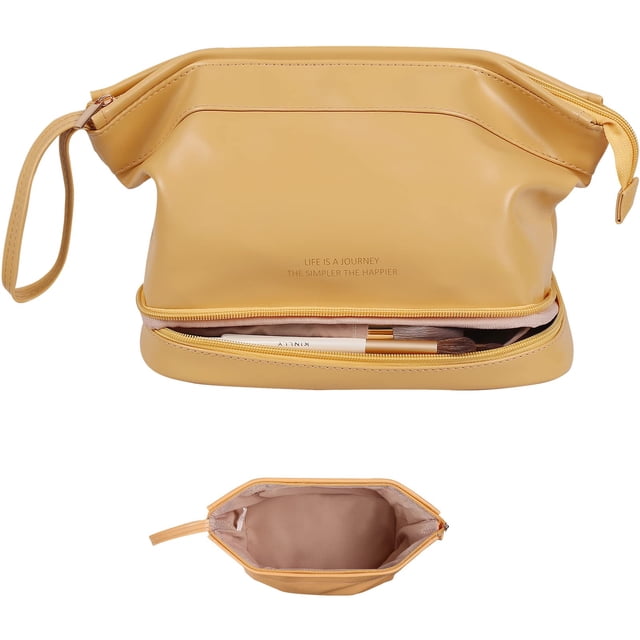 Bolsa de maquillaje Abiudeng de doble capa, cuero de viaje, color amarillo