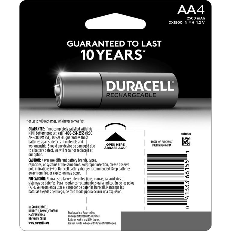  Duracell Rechargeable AA Batteries, 4 Count Pack, Double A  Battery for Long-lasting Power, All-Purpose Pre-Charged Battery for  Household and Business Devices : Health & Household