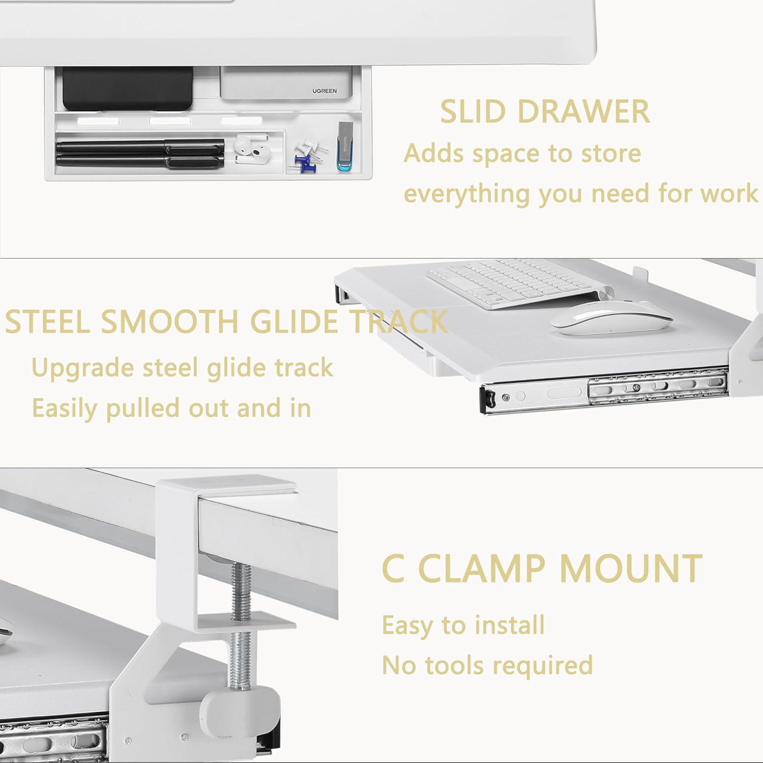 Under Desk Keyboard Tray with Slide Pull Out, C Clamp Mount, Ergonomic Computer Stand for Home Office, White, 19.7" x 12.2" Small Size