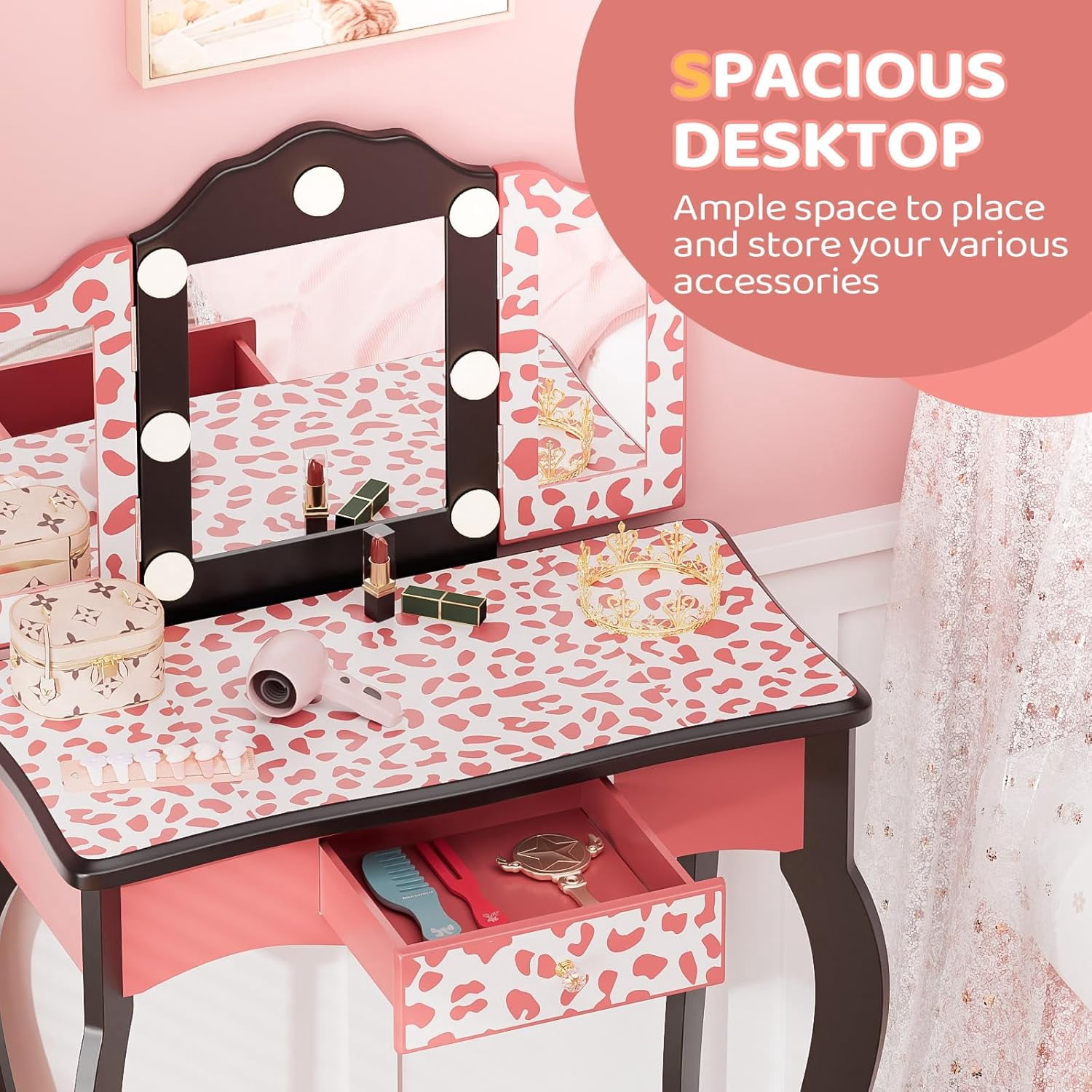 Matladin Kids Vanity Table and Chair Set with Leopard Print, Tri-Fold Mirror & Lights, Girls Vanity, Princess Makeup Desk for Girls