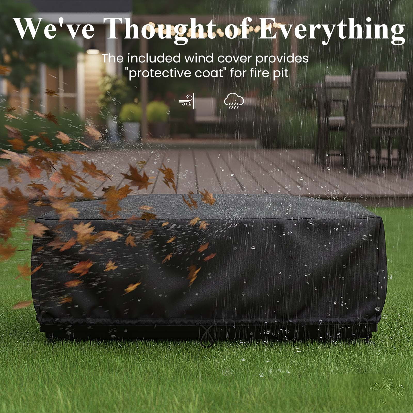 LayinSun 42 Inch Outdoor Fire Pit Table for Outside Patio, 55000BTU Rectangle Propane Firepit with Hidden Fuel Tank, Glass Wind Guard, Waterproof Cover and Lid