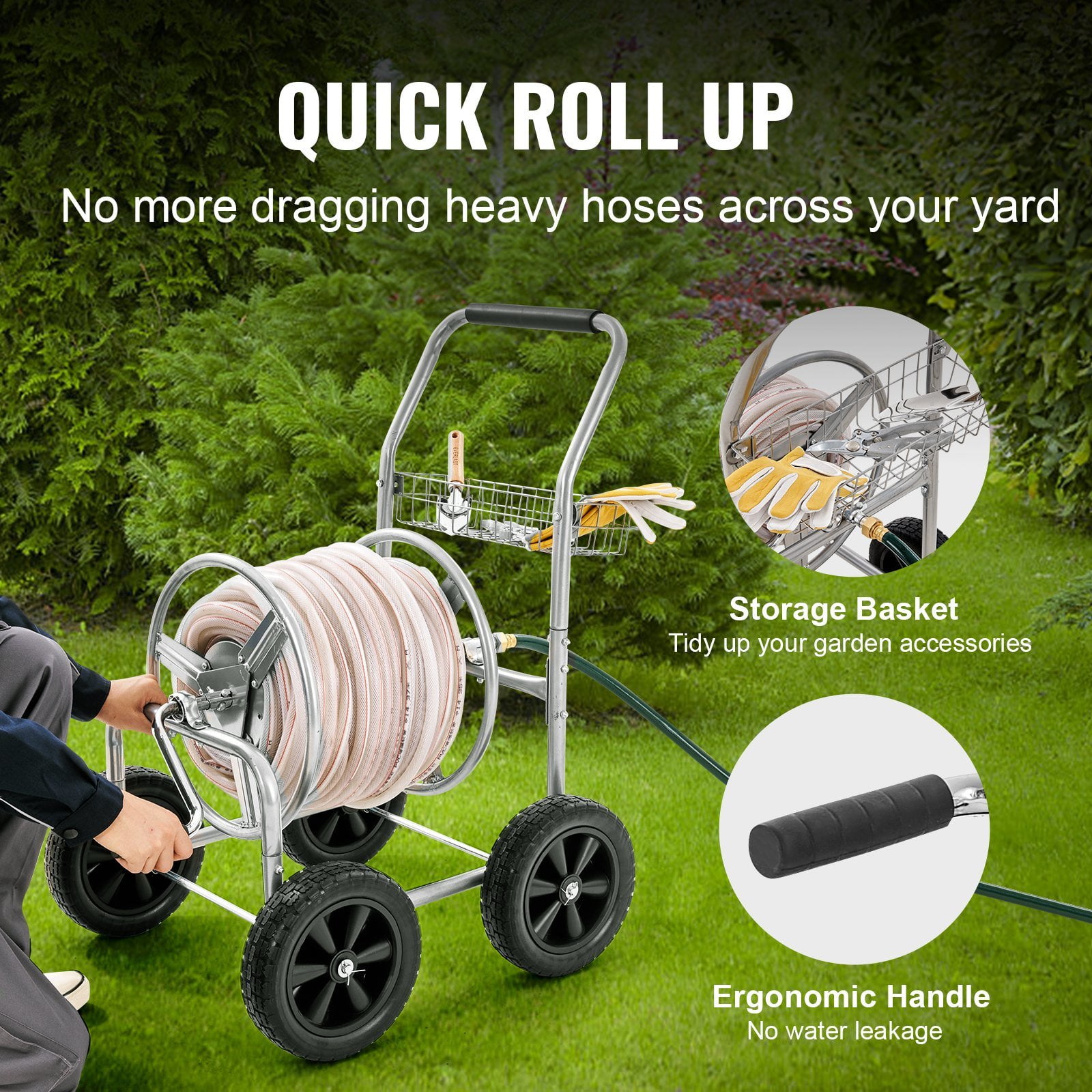 Hose Reel Cart with Storage Basket, Holds 250ft of 5/8" Garden Hose, Heavy Duty Steel Mobile Water Hose Carts with 4 Wheels for Lawn, Yard & Garden Outdoor Use