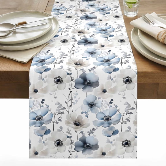 Spring Floral Cotton Linen Table Runner Watercolor Grey Blue Flower Retro Dining Table Runners for Home Decor Party Dining Room Restaurant Kitchen 13" x 36"