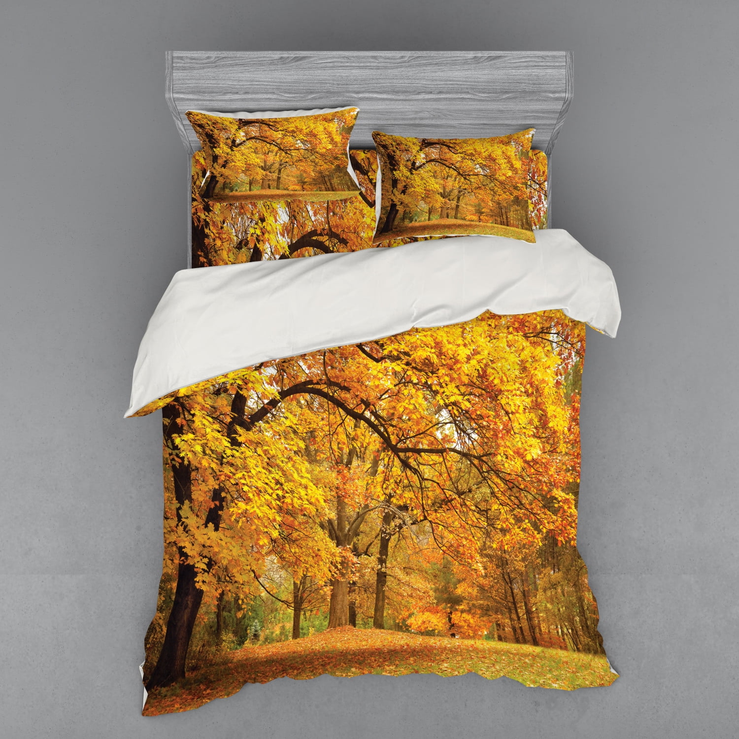 Forest Duvet Cover Set, Warm Fall Scenery Pale Maple Leaves in the
