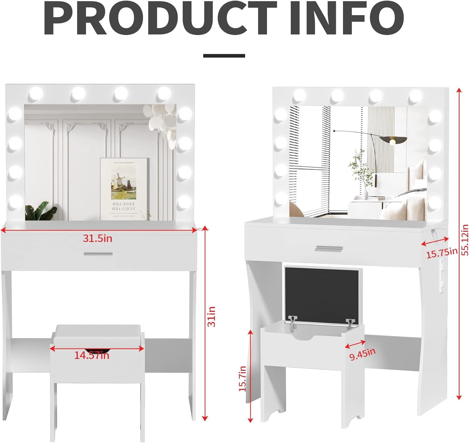 VEANERWOOD Vanity Set with 3 Color Lighted Mirror Makeup Table 55" with Charging Station Large Drawer, White
