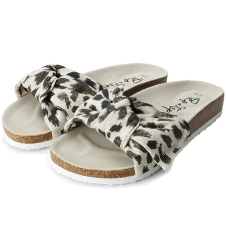 

Bow Slide Sandals for Women or Ladies Canvas Upper Cork Insole Footbed Slip On Dressy Sandals for Summer Casual