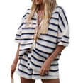 thumbnail image 1 of FOCUSNORM Women Pajamas Set 2 Pieces Loungewear Suits Stripe Contrast Color Button Crochet Knit Tops and Shorts Lounge Sets, 1 of 9
