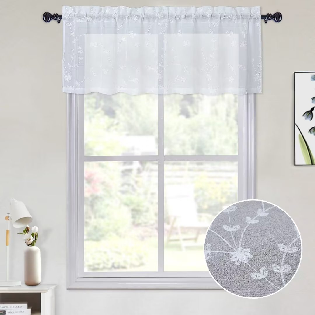 FanciHome White Sheer Valance Curtains Embroidered Kitchen Curtains Rod