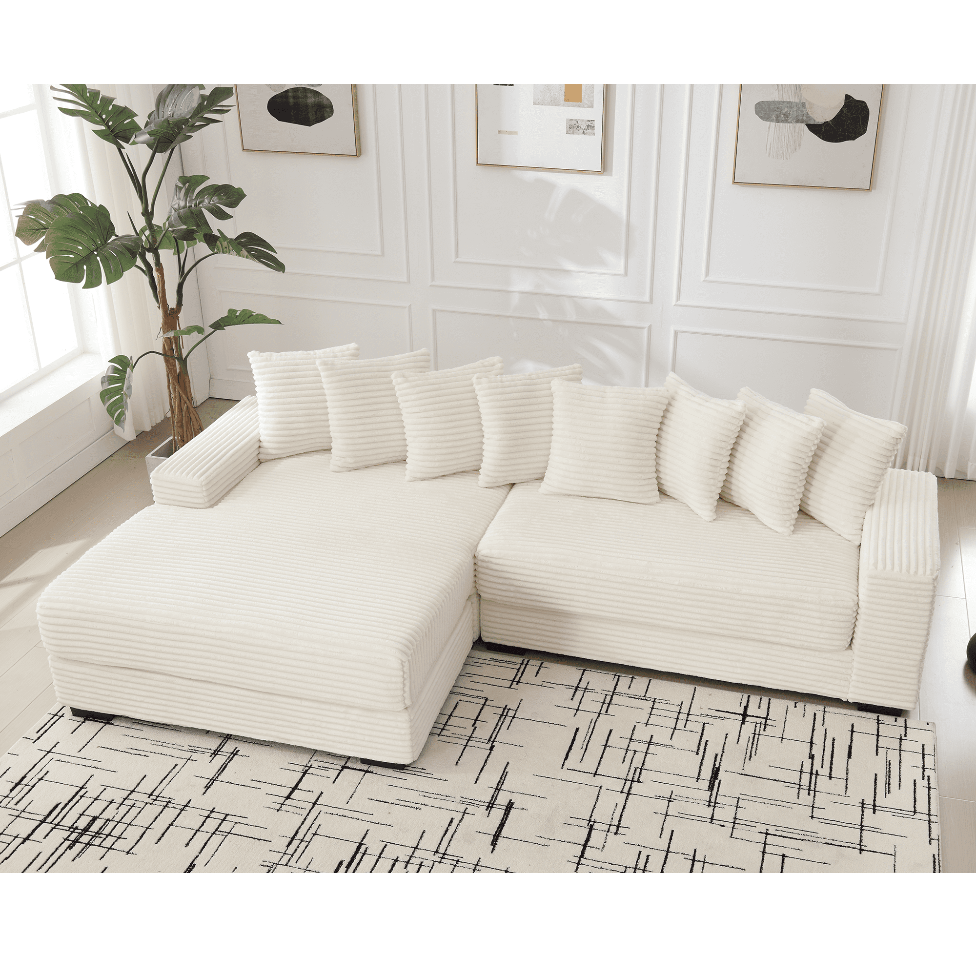 AISWORD 111" Oversized 3-Seat L-Shaped Sectional Sofa with Left Chaise, Luxury Corduroy Fabric Modular Couch with 8 Throw Pillows, Easy Assembly for Living Room