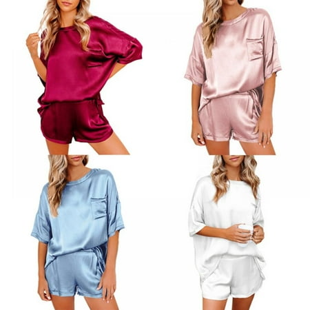 

Monfince Solid Color Chiffon Shirt Short-sleeved Straight Shorts Pajamas Casual Home Style