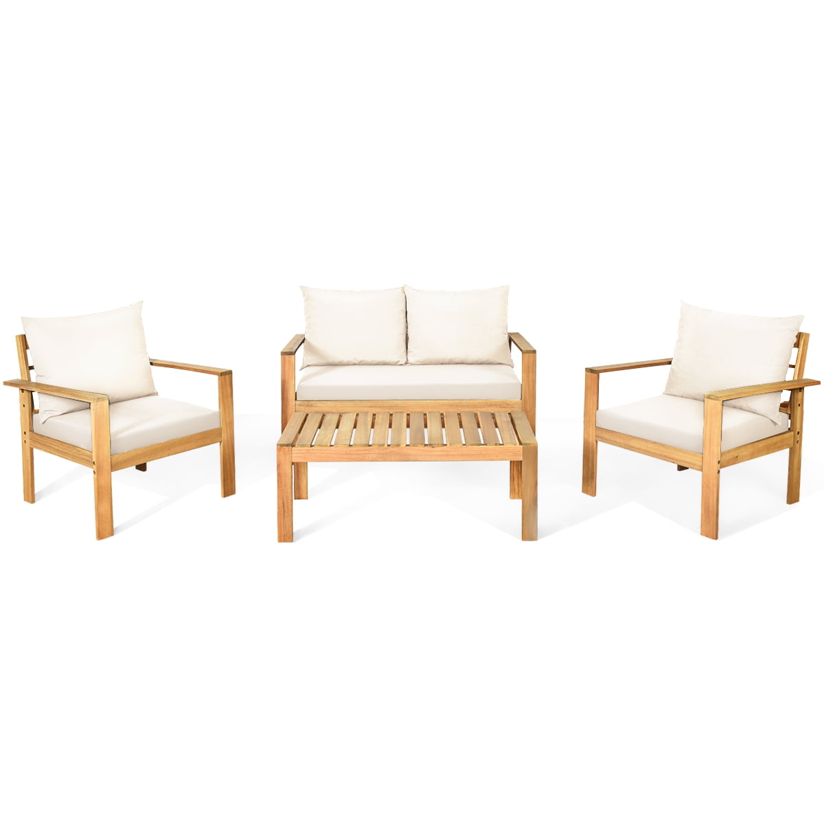 Gymax 8PCS Patio Acacia Wood Conversation Furniture Set w/ Off White Cushions