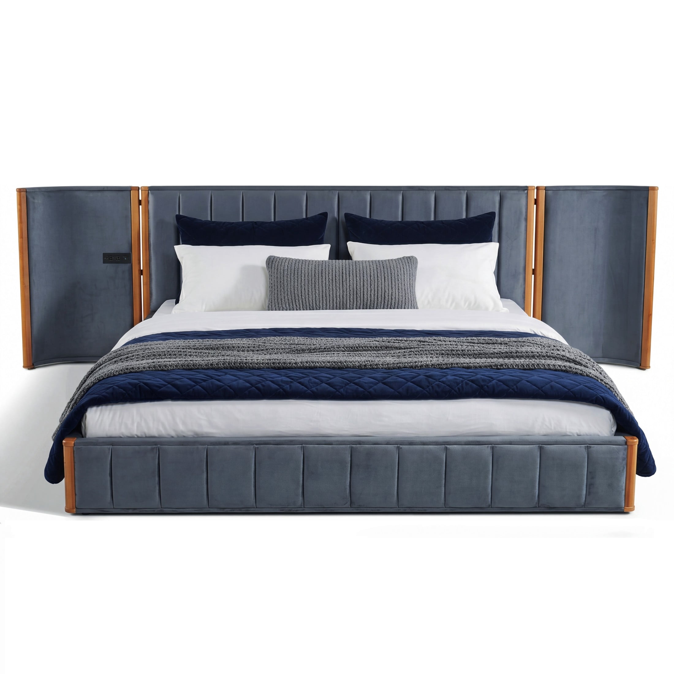 Christopher Knight Home California King Velvet Upholstered Bed Frame, Wingback Headboard with Charging Ports, Natural+Gray