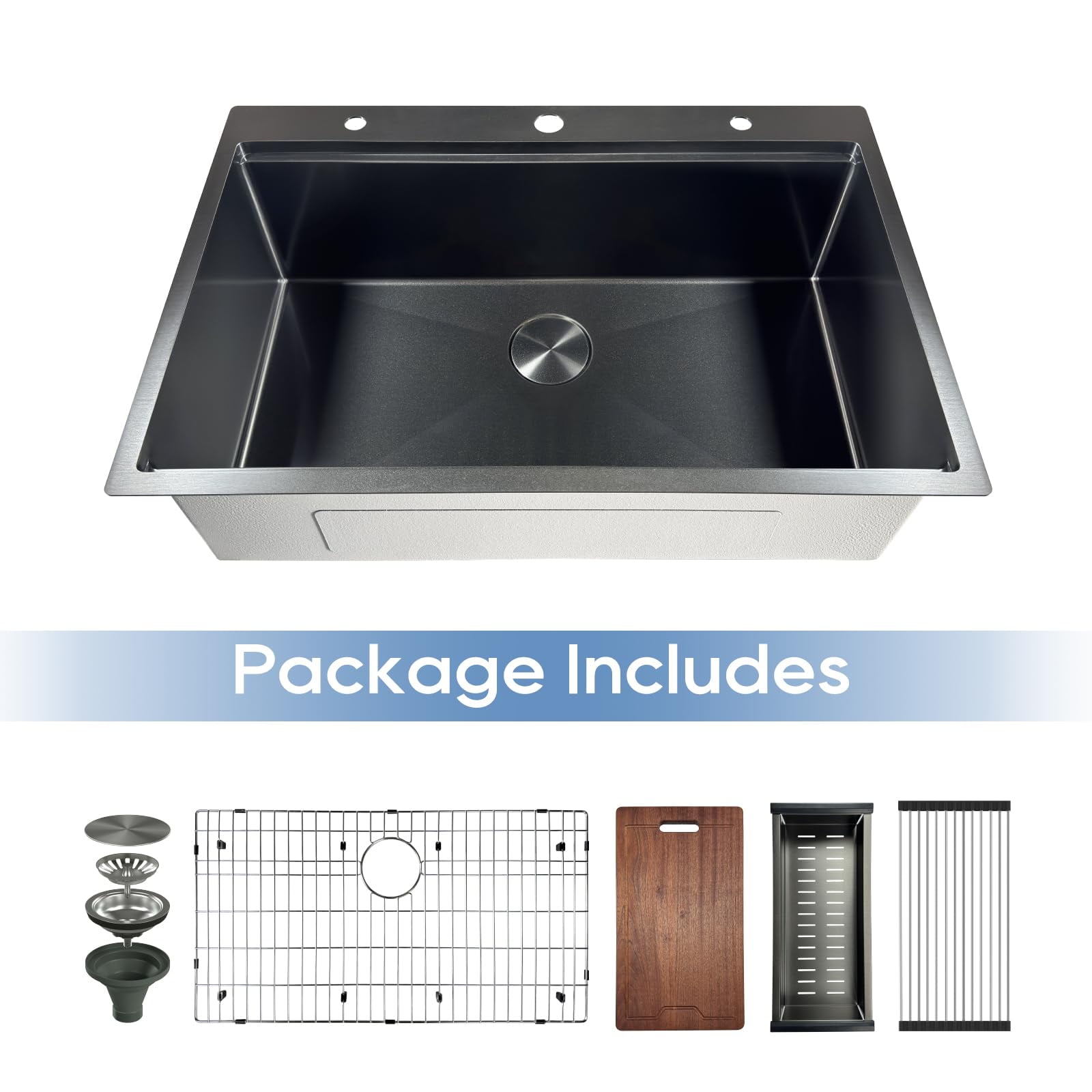 DELUXE LIVING 33 Inch Drop In Kitchen Sink with Accessories, 16 Gauge Single Bowl 304 Stainless Steel Stepped Sink, Workstation Kitchen Sinks 5 Accessories include Drain Strainer, Gun black