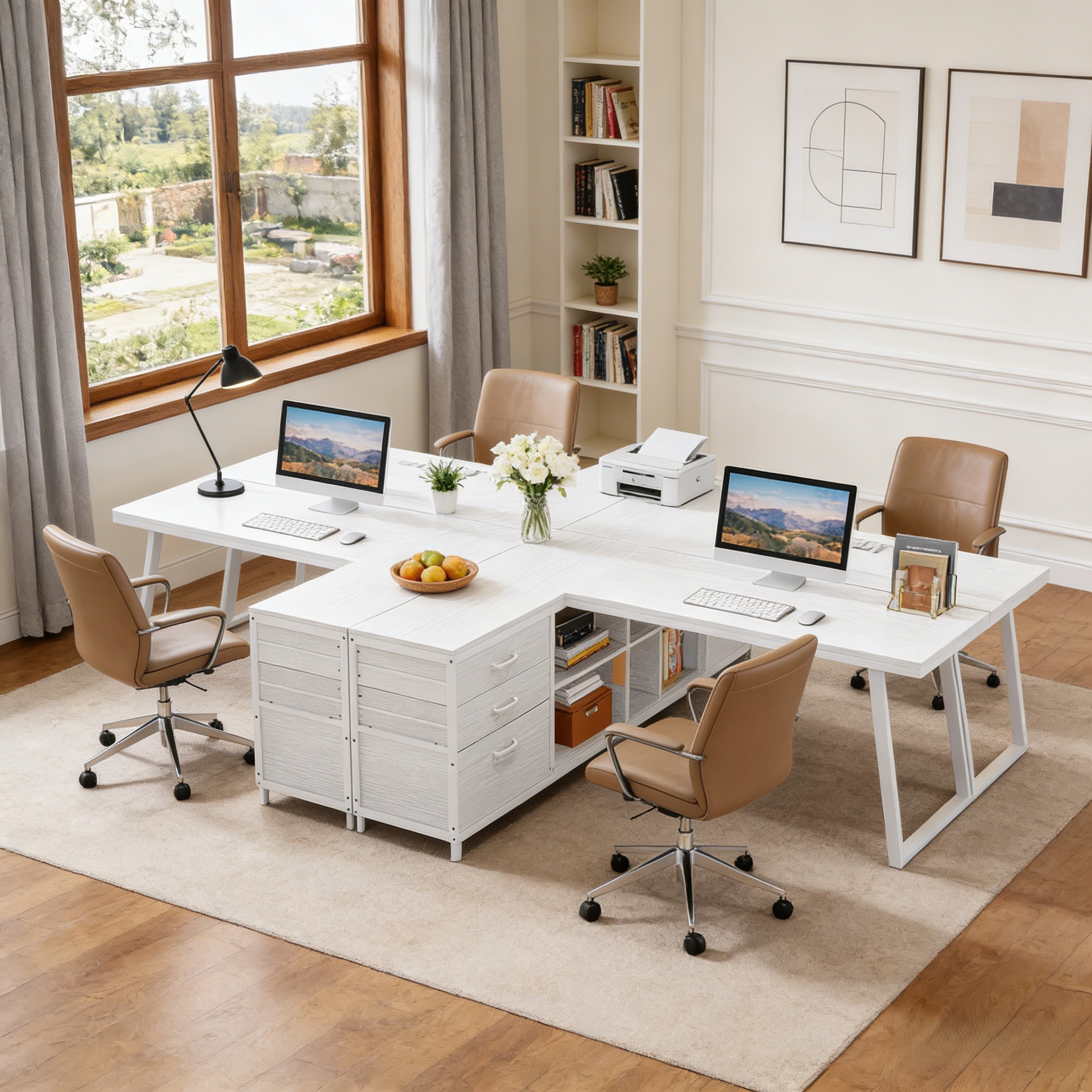 Fnova 53.15" L-shaped Computer Desk with 3 Drawers, Wood Tabletop, Metal Frame Office Desk, White