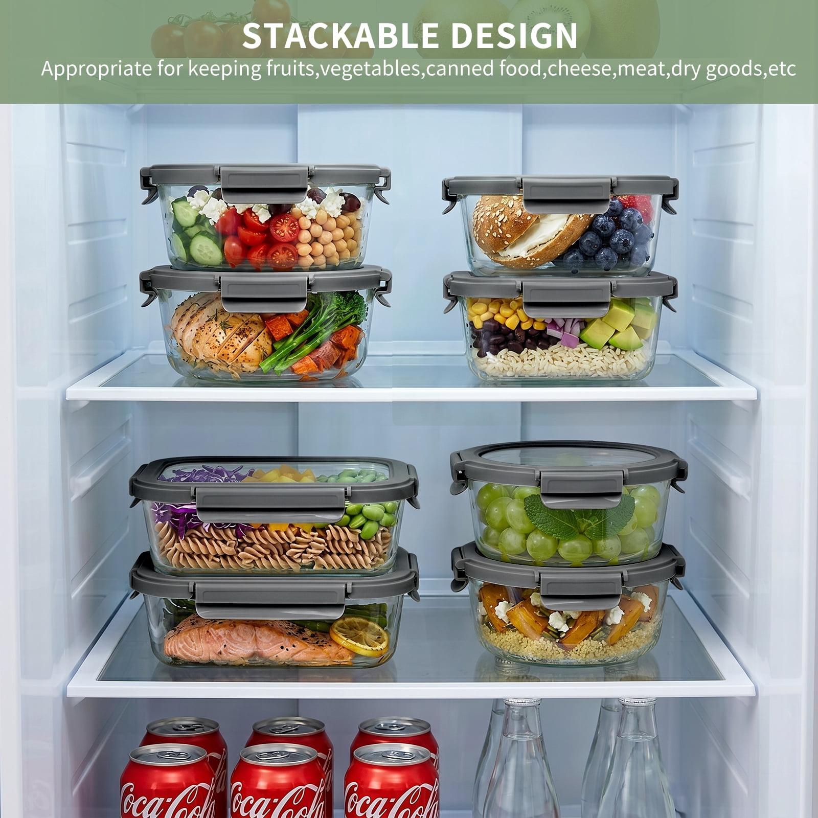 36 Pcs Glass Food Storage Containers with Tempered Lids Set, Borosilicate Oven-Safe(-4°F~950°F), Airtight Meal Prep Lunch Box Containers (18 Containers & 18 Lids), Grey