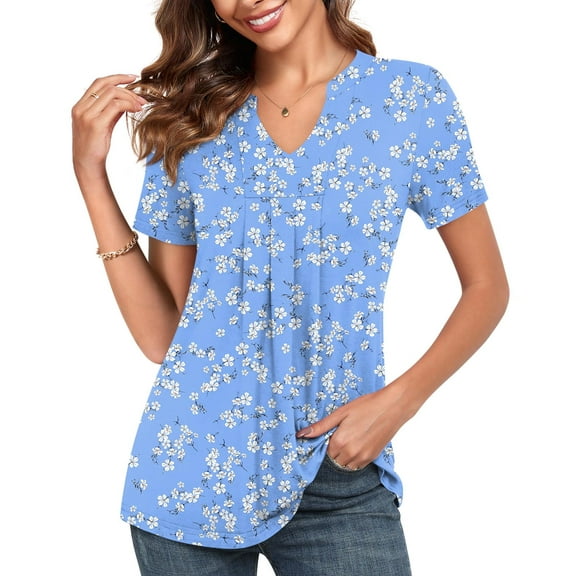 JuneFish Women's Summer Floral Tunic Tops Short Sleeve V Neck Casual Pleated Blouse