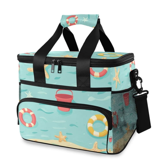 FORMRS Insulated Cooler Bag 24 Cans Capacity Soft Leakproof Lunch Box with Side Pockets, Blue Beach Pattern
