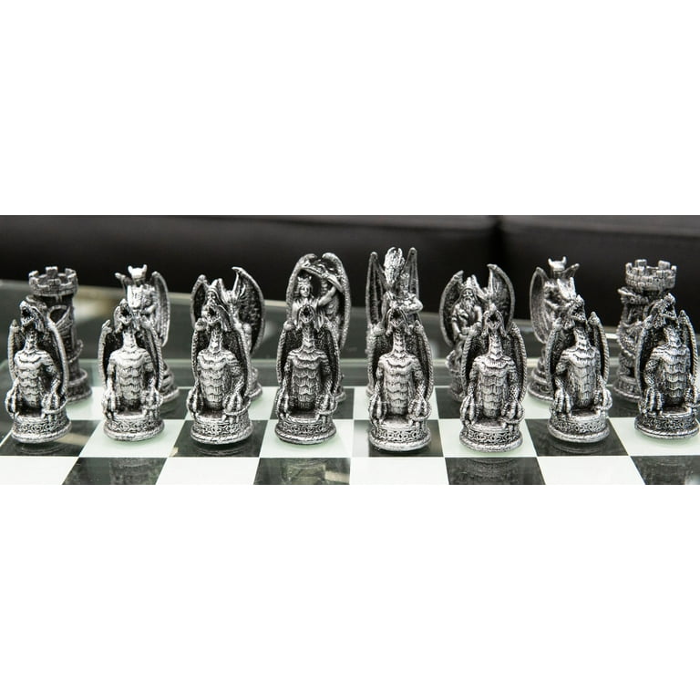 Ebros Fantasy Dragon Themed Chess Set - Hand Painted Resin Pieces With Felted Base & 15" Frosted Glass Board