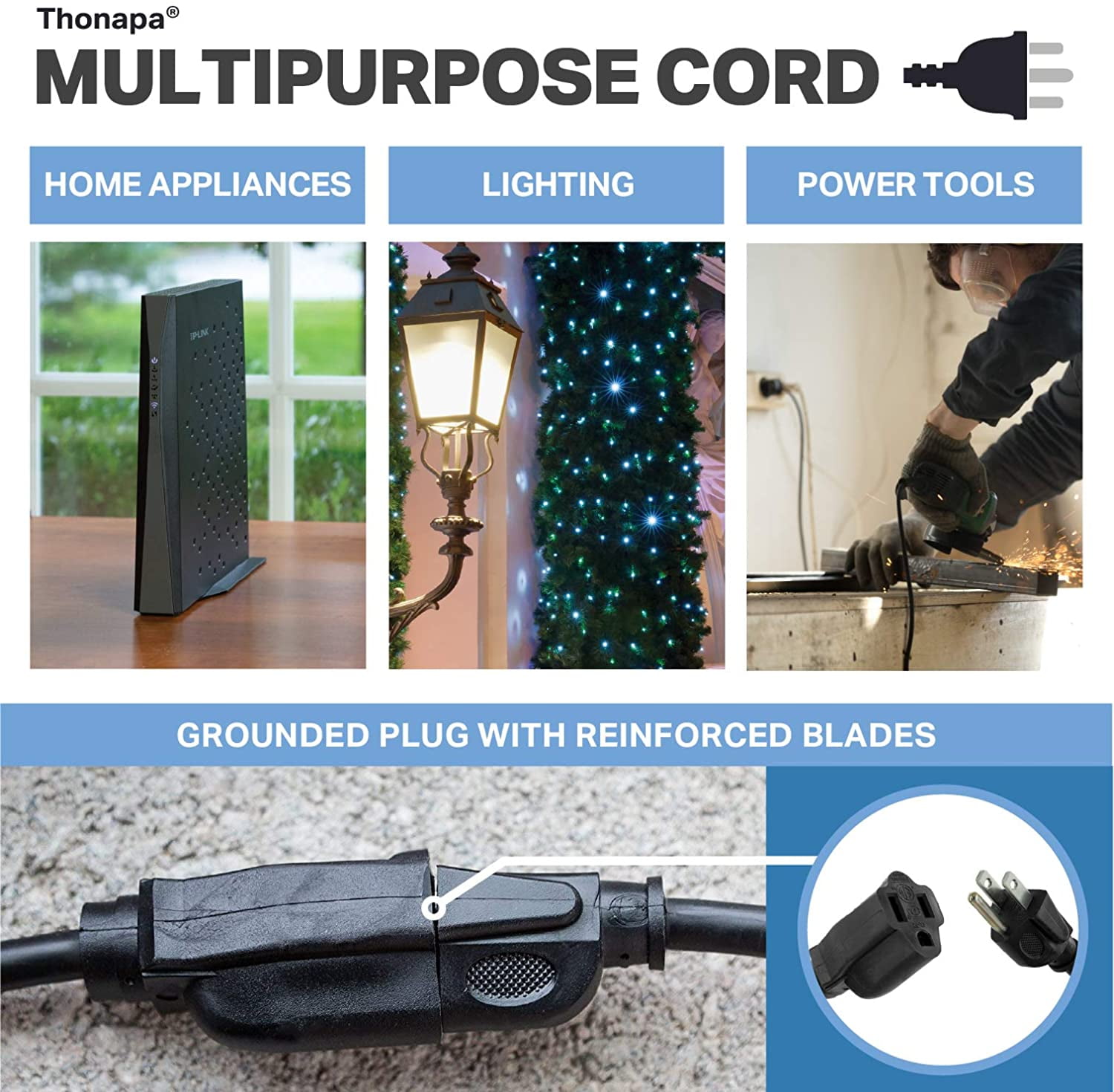 Thonapa 100 Ft Black Extension Cord - 16/3 Electrical Cable with 3 Prong Grounded Plug for Safety