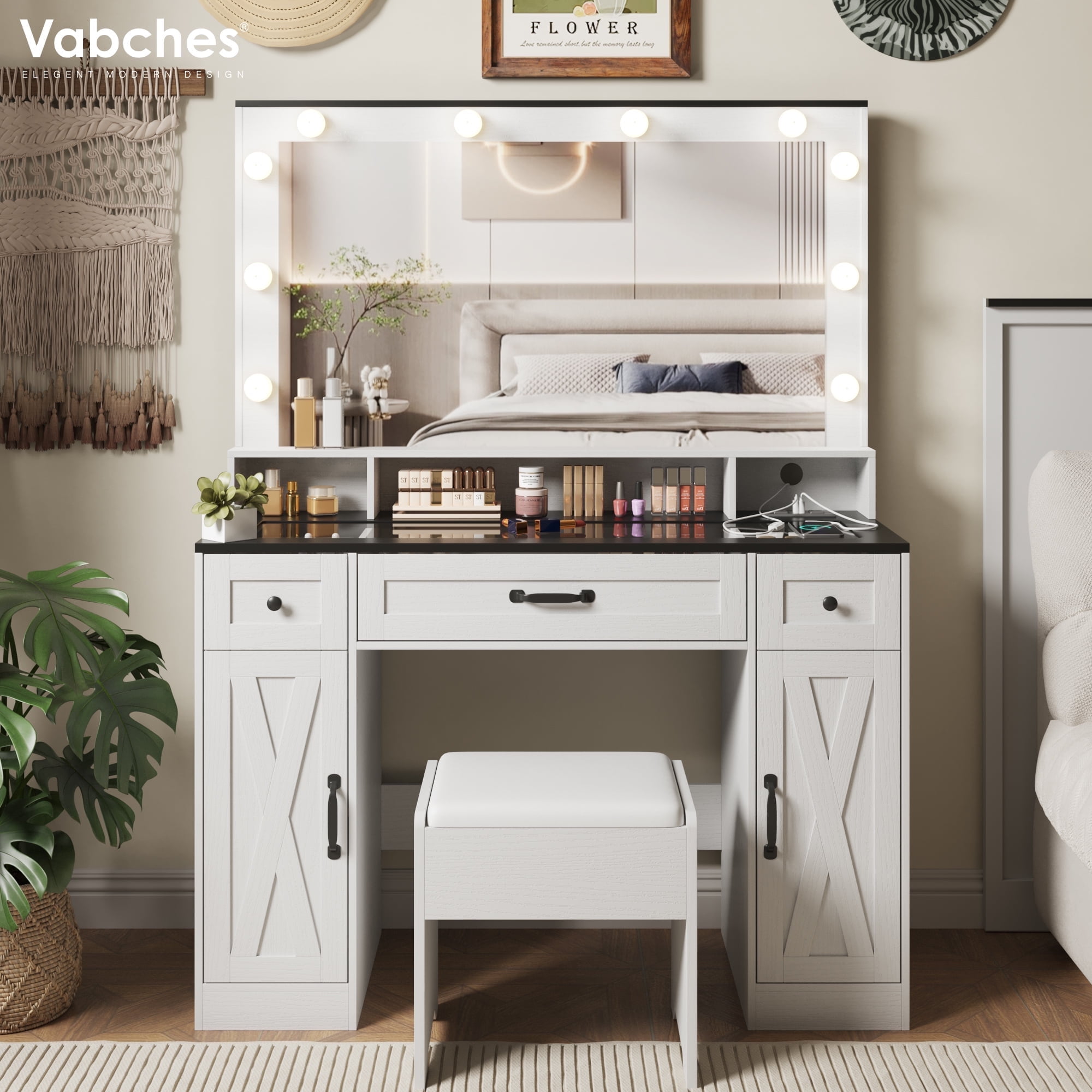 Vabches Farmhouse Vanity Set with Mirror and Lights,Glass Top Makeup Vanity Desk with Chair & Charging Station, White