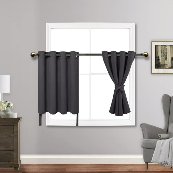 AIR-Short Blackout Curtains with Tiebacks for Kitchen, Light Blocking and Noise Reducing Grommet Small Window Curtains for Bathroom/Bedroom, Set of 2 Panels, 52 x 36 Inch Length, Dark Grey
