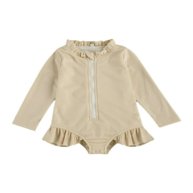 Baby Girls Long Sleeve Swimsuit Ruffle Zipper Rash Guard Swimwears