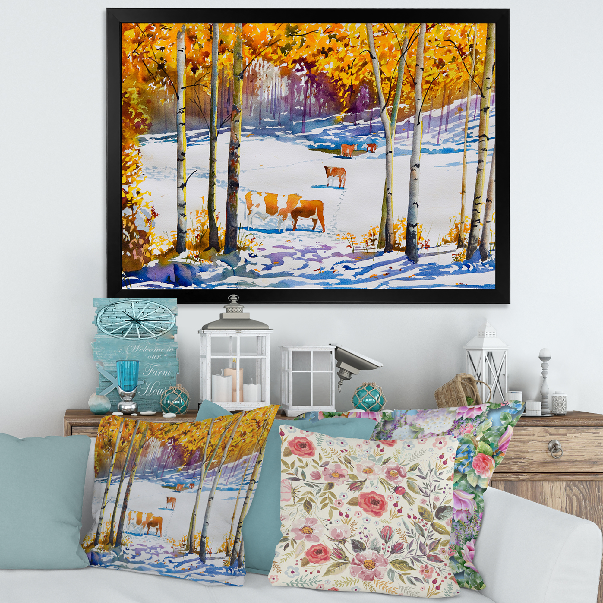Designart 'Cattles In The Early Snow In The Tree Forest' Farmhouse Framed Art Print