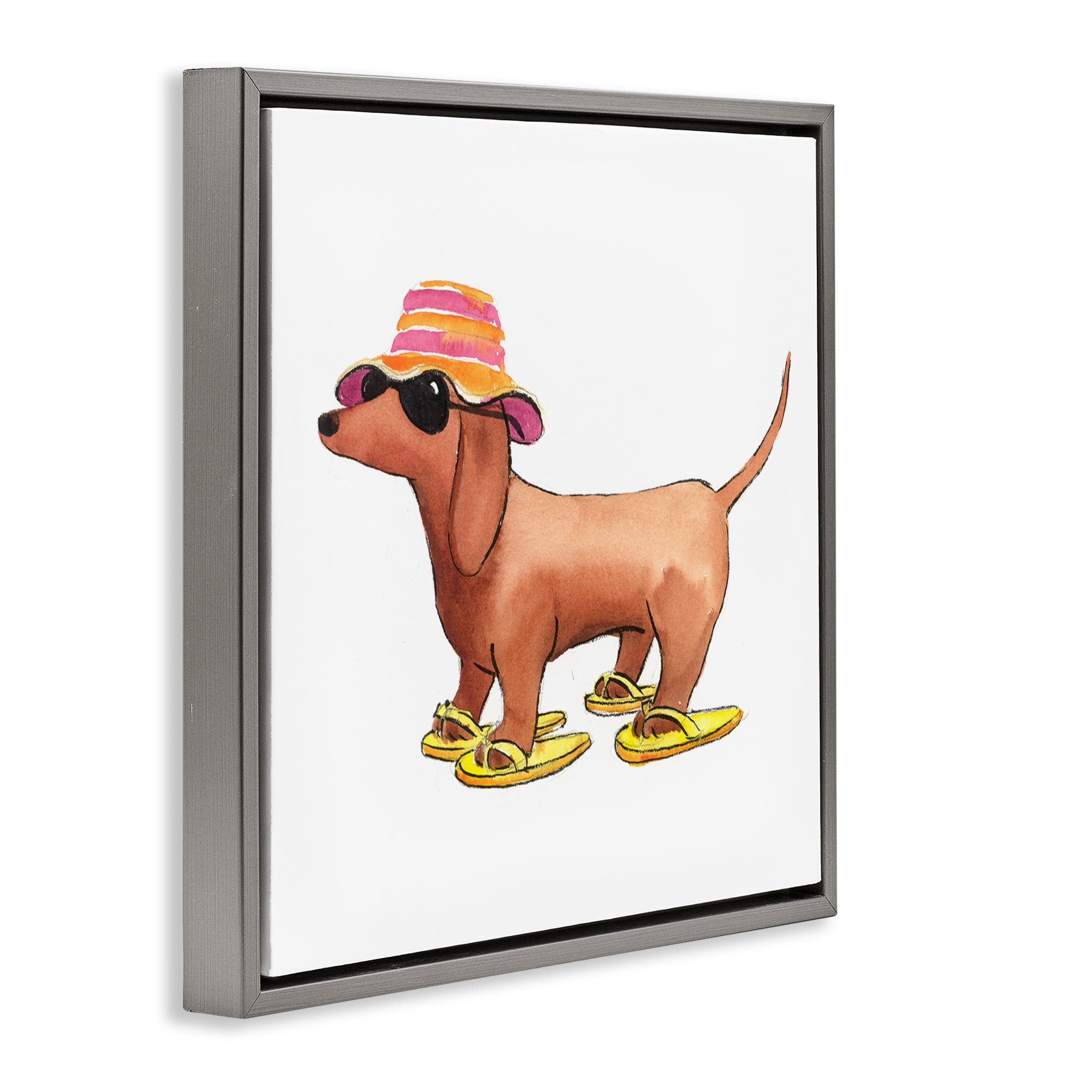 Stupell Industries Beach Dog Flip Flops Animals Painting Gray Floater Framed Canvas Art Print Wall Art, 25 x 25