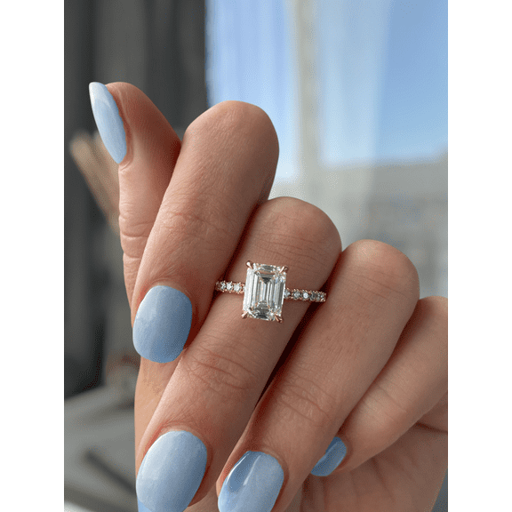 ESTE ORIGIN 3Ct Emerald Cut Moissanite Solitaire Engagement Ring - Hidden Halo & Pave Band in 10K White Gold Emerald Ring for Women is available in US 4.5.