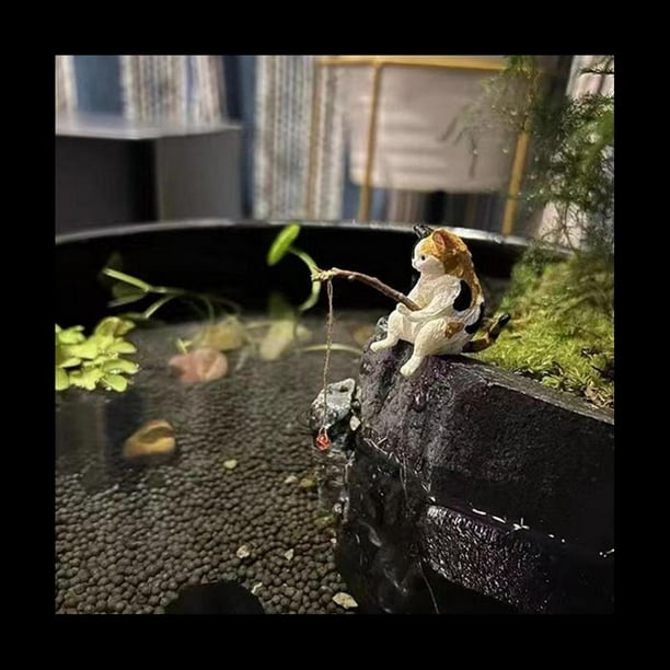 7 Piezas de Gatos Pescando Estatuilla Escultura de Gatos Sentado Pescando PequeñOs Gatos Lindos Adorno de Resina Muebles Decorativos
