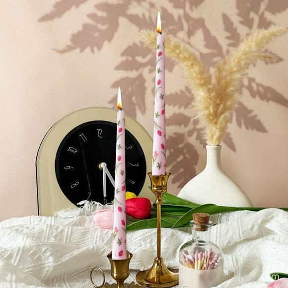 Uklsqma Flower Printed Long Tapered Candles 2-Pack | 9.8 Inch Mixed Wax Romantic Wedding Candlelight Dinner Decoration | Unscented Elegant Table Centerpiece for Home Party Events