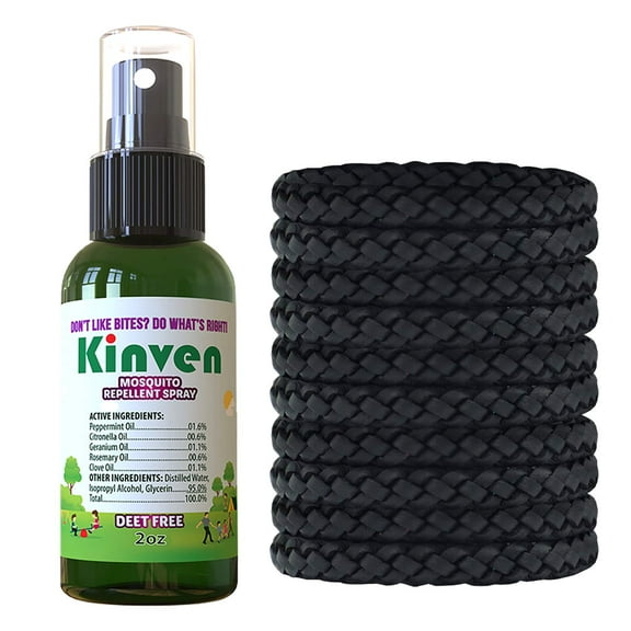 Kinven Bracelets and Spray Pack for Mosquito - 2oz Bottle   10 Bracelets, Black, Great Looking and Natural, Insect Wristband & Spray, Waterproof, Indoor Outdoor Protection for Adults & Kids