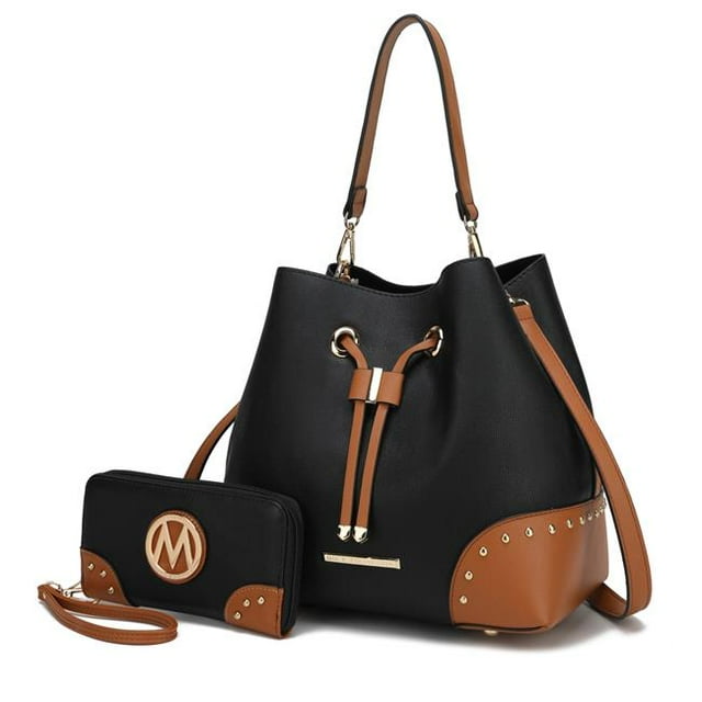 MKF Collection by Mia K. MKF-CB-X621-2BK-COG Bella Color Block Premium Bucket & Wallet, Cognac