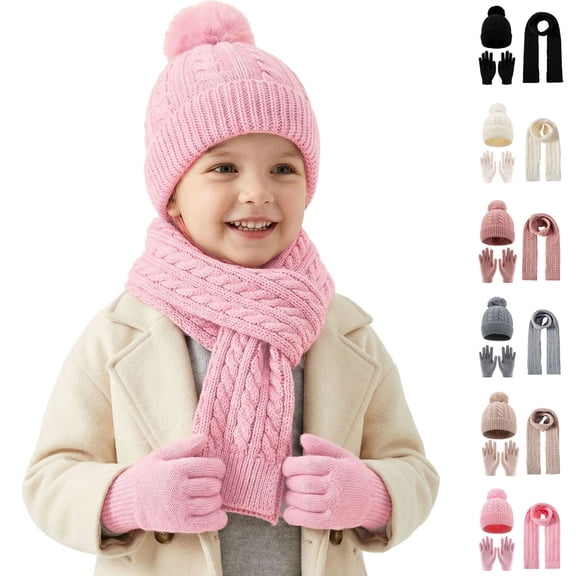 Viluyesy 3Pcs Kids Girls Winter Hat Gloves Scarf Set Solid Color Thicken Knitted Warm Set Black Size 3T