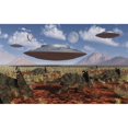 thumbnail image 2 of A herd of Centrosaurus dinosaurs walk past a group of UFOs Poster Print, 2 of 2