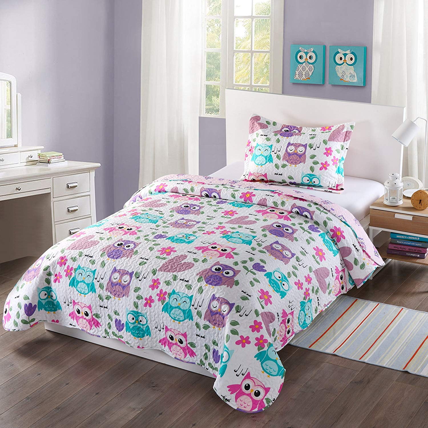 MarCielo 2 Piece Kids Bedspread Quilts Set Throw Blanket for Teens Girls Bed Printed Bedding Coverlet ocean home fashion twin size quilt purple floral Twin Twin Size Purple Floral Striped