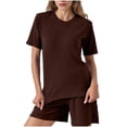 thumbnail image 2 of Amzcrzy_Lounge Sets for Women Casual Solid Color Fashion Summer Outfits Versatile Short Sleeve Top and Pants Suit Comfy Ribbed Knit Side Split Two Piece Sets with Pockets, 2 of 8