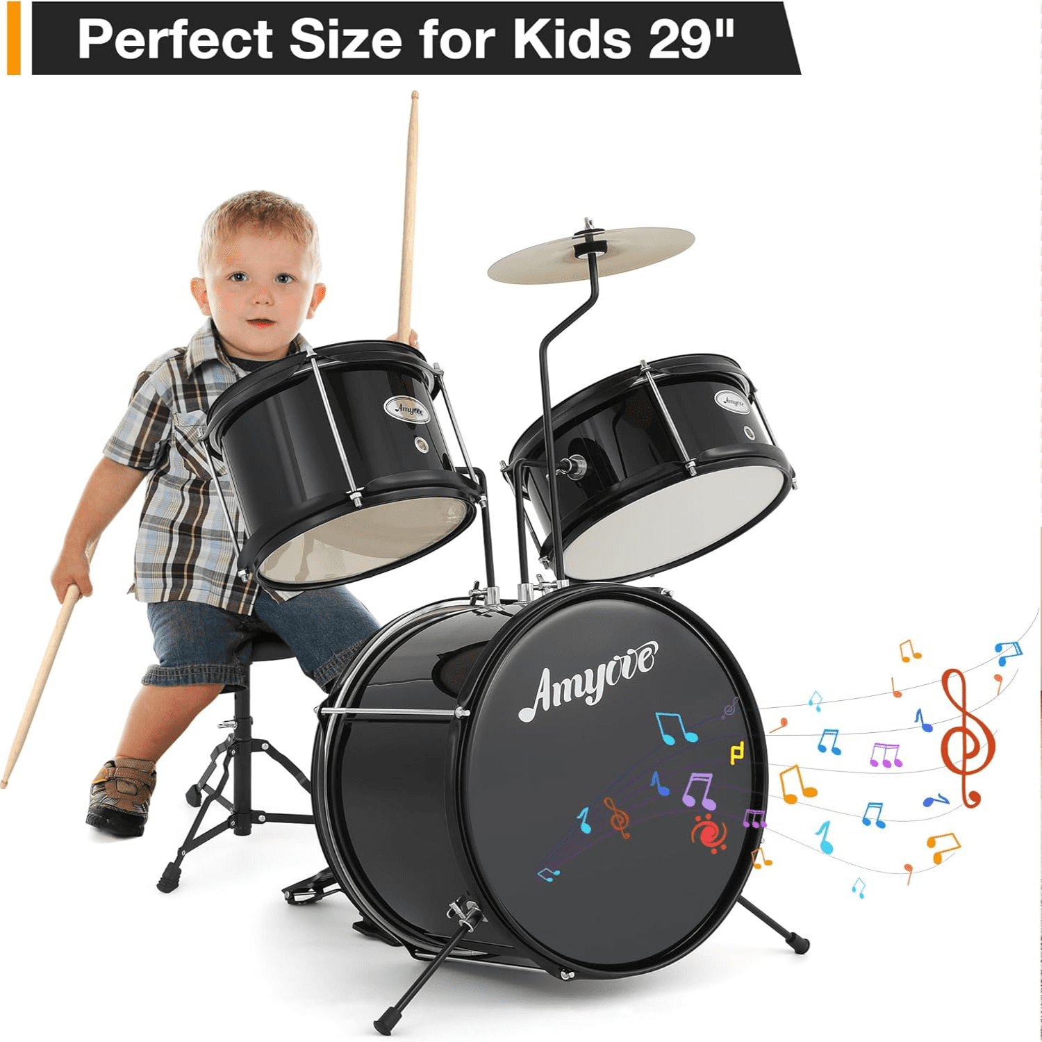 Drum Set for Kids Beginner Set with Bass, 2 Toms, Cymbal, Sticks, Bass Pedal and Stool Percussion Musical Instrument Birthday Playsetl
