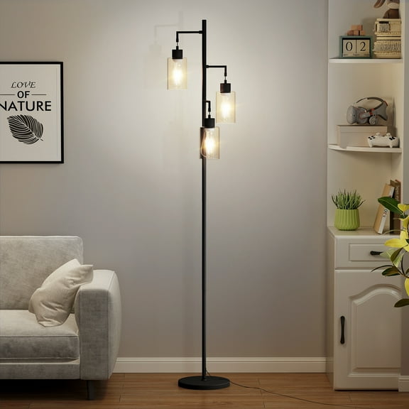 DRNANLIT 3-Light Industrial Floor Lamp with Clear Glass Shades, Black Standing Floor Lamp with Foot Switch, E26 Base, 67" Tall Floor Lamp for Living Room Bedroom Office